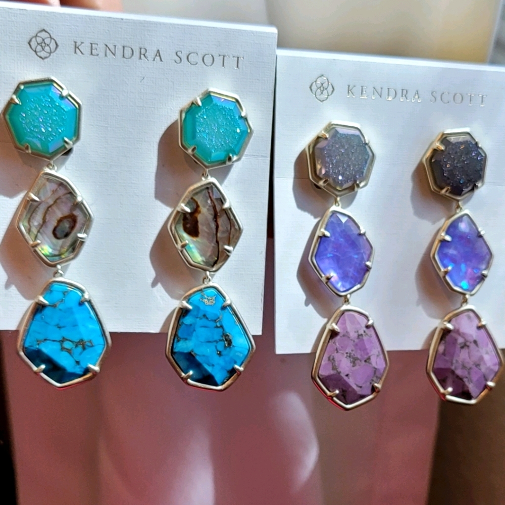 2 PAIRS NWT KENDRA SCOTT DRUSY NINA EARRINGS IRIDESCENT TURQUOISE PURPLE